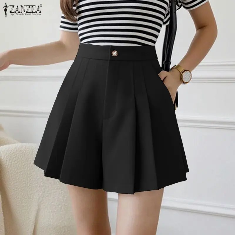 ZANZEA Minimalist Women's Shorts Summer Elegant High Waist Pleated Solid Color Short Pants Woman Casual Commuting A-Line Skorts