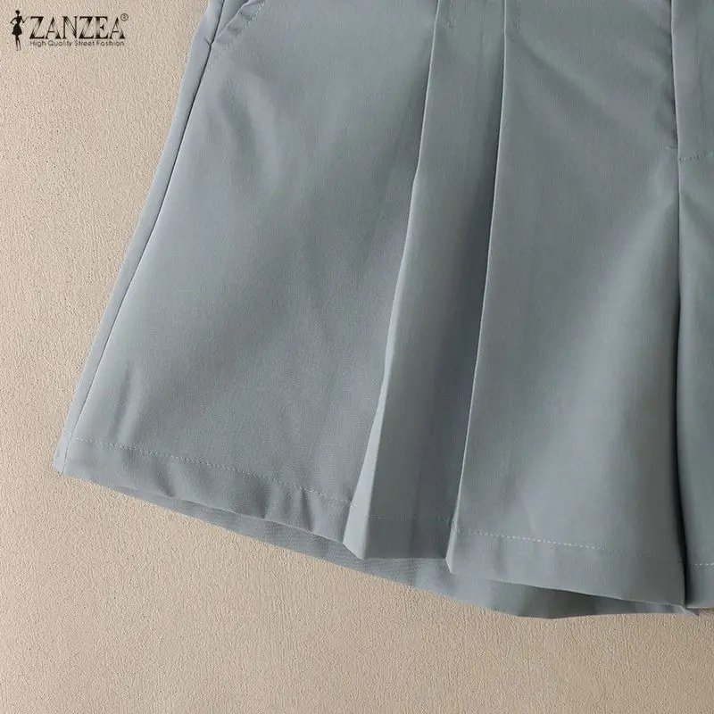 ZANZEA Minimalist Women's Shorts Summer Elegant High Waist Pleated Solid Color Short Pants Woman Casual Commuting A-Line Skorts