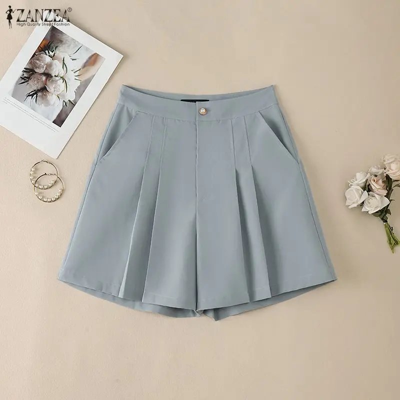 ZANZEA Minimalist Women's Shorts Summer Elegant High Waist Pleated Solid Color Short Pants Woman Casual Commuting A-Line Skorts