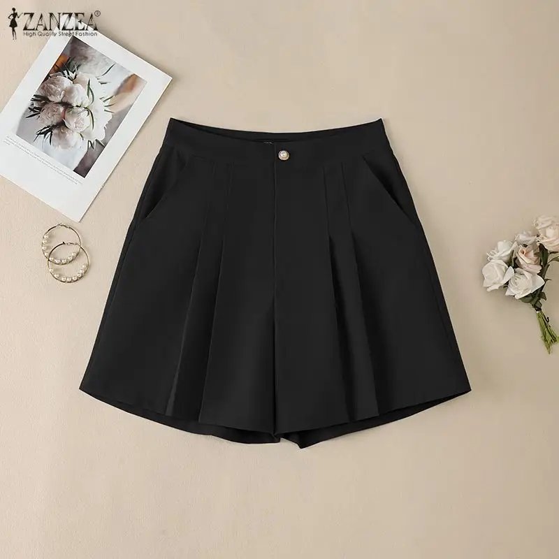 ZANZEA Minimalist Women's Shorts Summer Elegant High Waist Pleated Solid Color Short Pants Woman Casual Commuting A-Line Skorts
