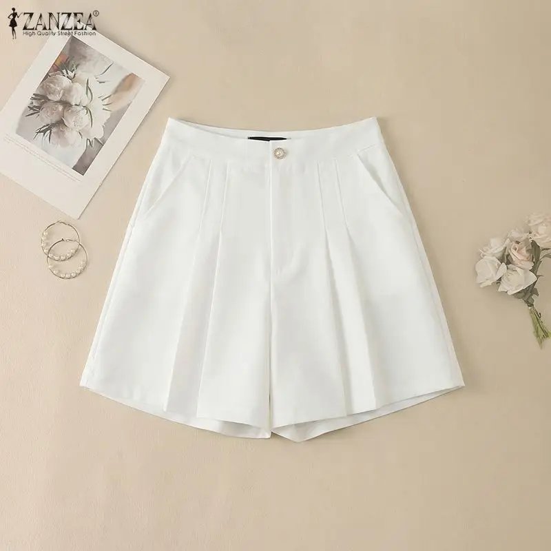 ZANZEA Minimalist Women's Shorts Summer Elegant High Waist Pleated Solid Color Short Pants Woman Casual Commuting A-Line Skorts