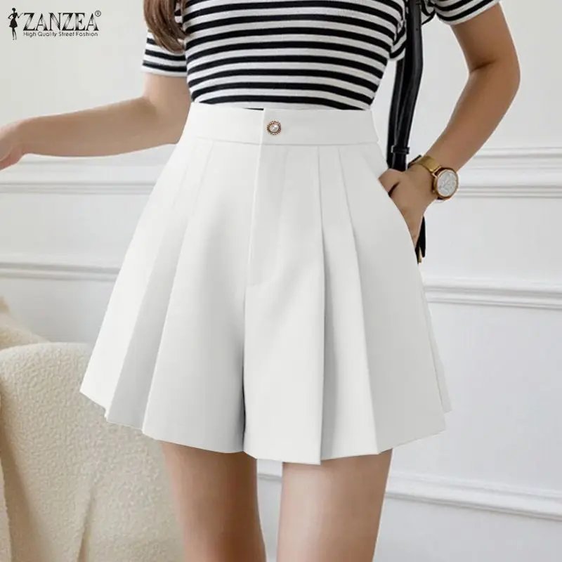 ZANZEA Minimalist Women's Shorts Summer Elegant High Waist Pleated Solid Color Short Pants Woman Casual Commuting A-Line Skorts