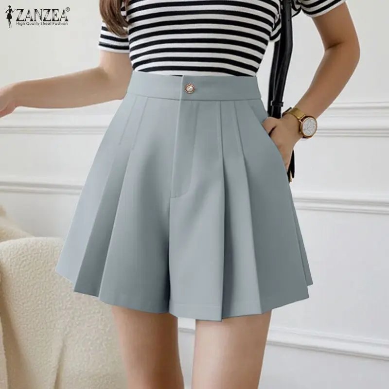 ZANZEA Minimalist Women's Shorts Summer Elegant High Waist Pleated Solid Color Short Pants Woman Casual Commuting A-Line Skorts