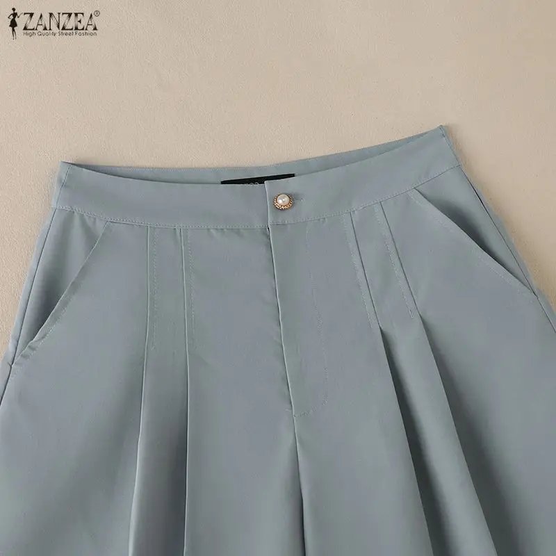 ZANZEA Minimalist Women's Shorts Summer Elegant High Waist Pleated Solid Color Short Pants Woman Casual Commuting A-Line Skorts