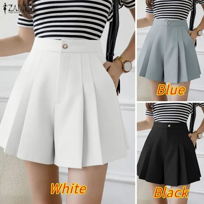 ZANZEA Minimalist Women's Shorts Summer Elegant High Waist Pleated Solid Color Short Pants Woman Casual Commuting A-Line Skorts