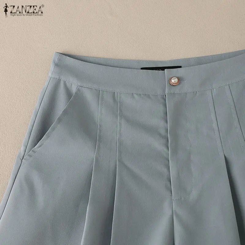 ZANZEA Minimalist Women's Shorts Summer Elegant High Waist Pleated Solid Color Short Pants Woman Casual Commuting A-Line Skorts