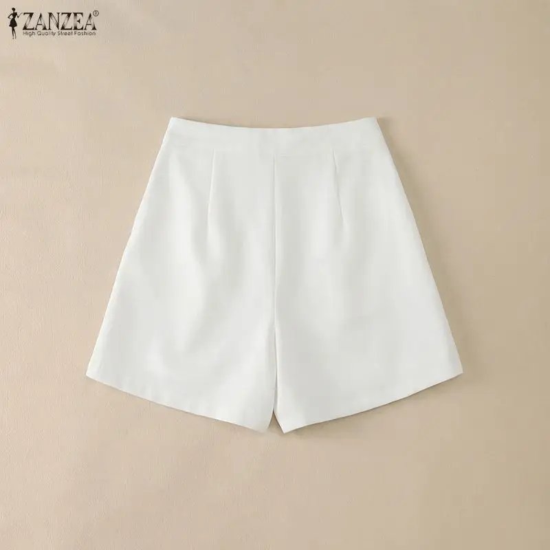 ZANZEA Minimalist Women's Shorts Summer Elegant High Waist Pleated Solid Color Short Pants Woman Casual Commuting A-Line Skorts