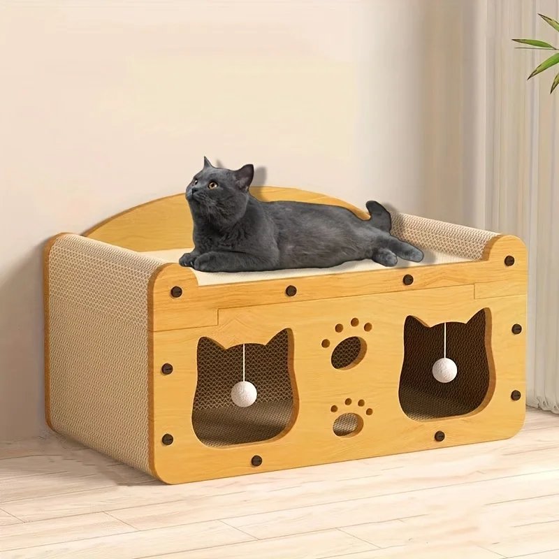Cat scratch sofa with durable cardboard nest, scratch column, and interactive toys - indoor cat scratch sofa all year round Cat scratch sofa with durable cardboard nest, scratch column, and interactive toys - indoor cat scratch sofa all year round