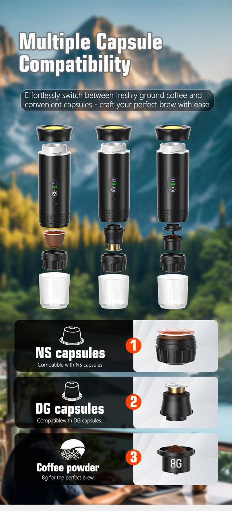 DENOKIN Portable Espresso Coffee Machine With Digital Display 3-in-1 Capsule Coffee Maker for Car & Home Camping Coffee Maker DENOKIN Portable Espresso Coffee Machine With Digital Display 3-in-1 Capsule Coffee Maker for Car & Home Camping Coffee Maker