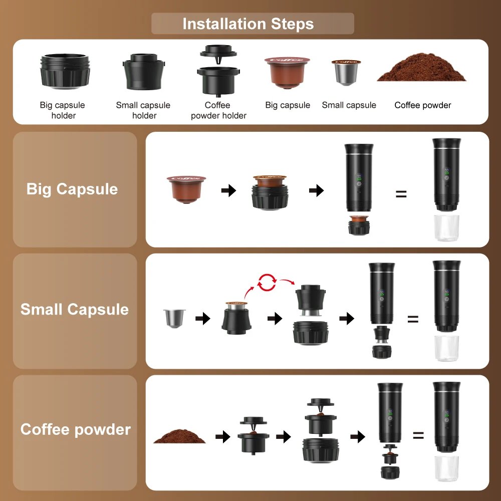 DENOKIN Portable Espresso Coffee Machine With Digital Display 3-in-1 Capsule Coffee Maker for Car & Home Camping Coffee Maker DENOKIN Portable Espresso Coffee Machine With Digital Display 3-in-1 Capsule Coffee Maker for Car & Home Camping Coffee Maker