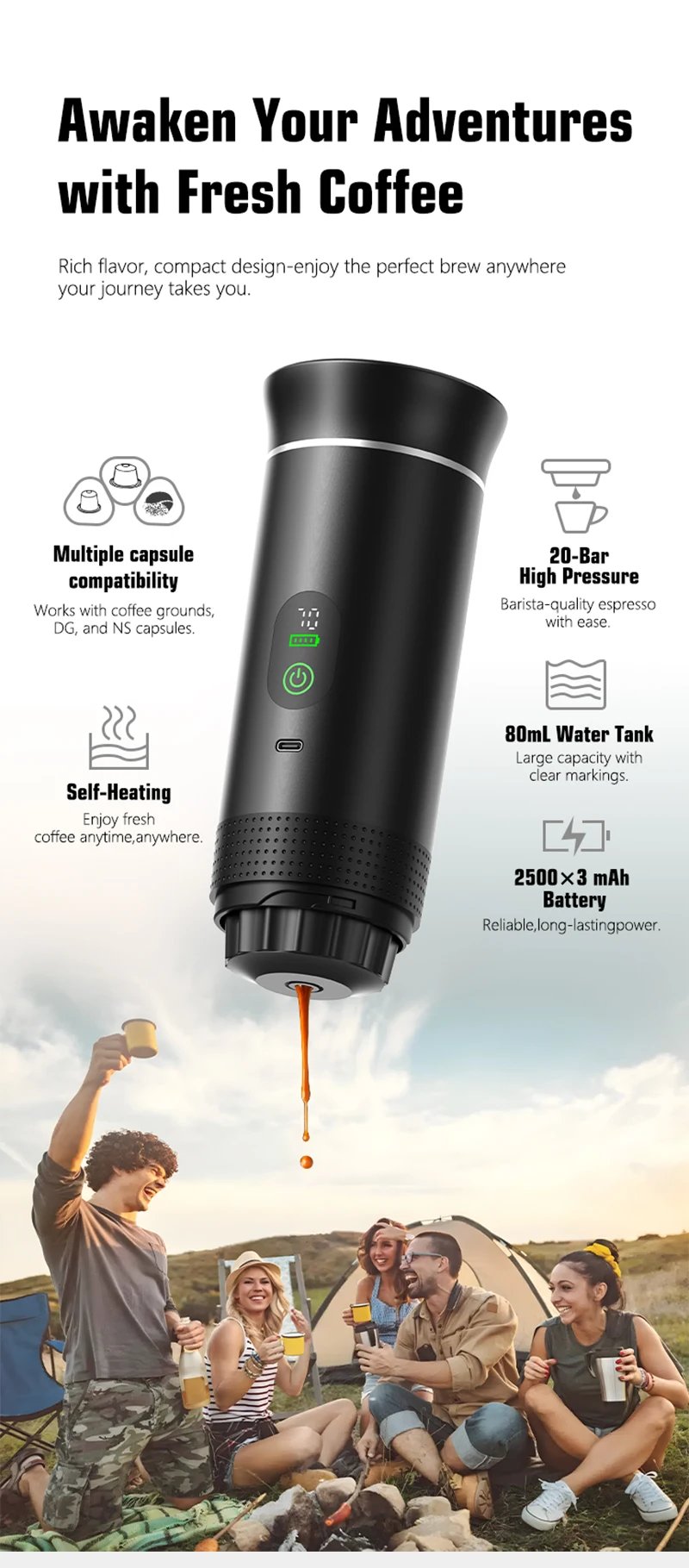 DENOKIN Portable Espresso Coffee Machine With Digital Display 3-in-1 Capsule Coffee Maker for Car & Home Camping Coffee Maker DENOKIN Portable Espresso Coffee Machine With Digital Display 3-in-1 Capsule Coffee Maker for Car & Home Camping Coffee Maker