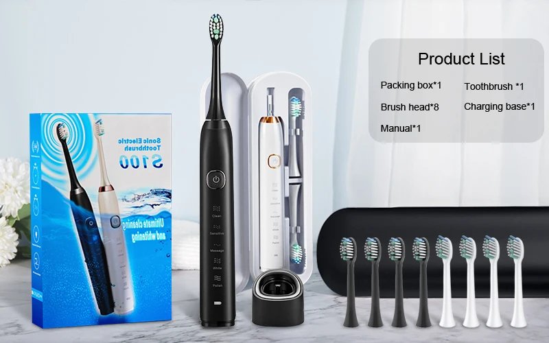 Electric Sonic Toothbrush 8 Brush Heads Smart Ultrasonic Dental Teeth Whitening Rechargeable Adult Tooth Brush Sarmocare S100