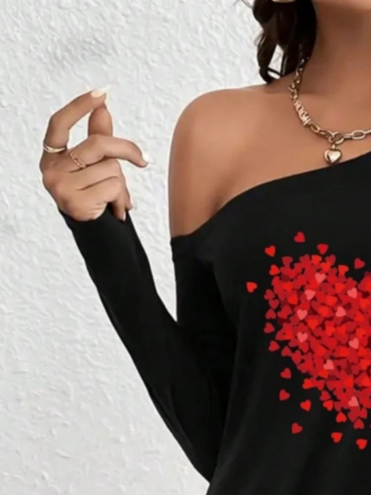 2026 Women's New Casual Elegant Red Love Printed Black Casual Long Sleeve Dress with Slanted Shoulder Design for Women's Wear