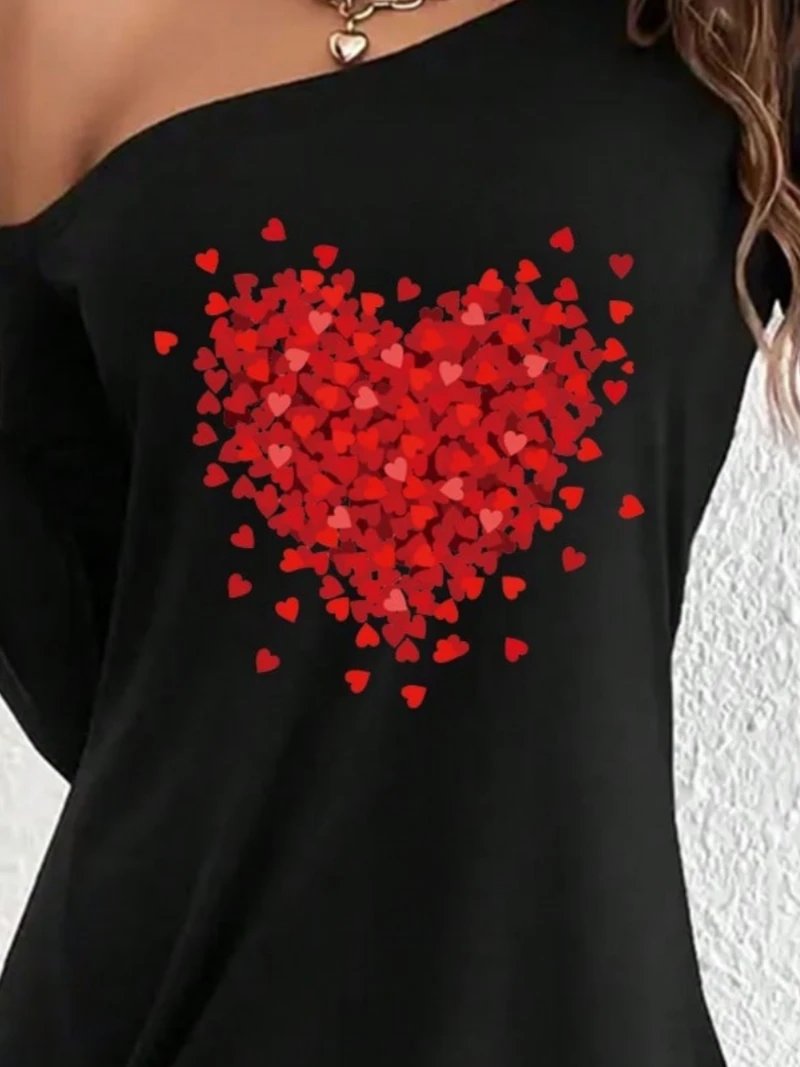 2026 Women's New Casual Elegant Red Love Printed Black Casual Long Sleeve Dress with Slanted Shoulder Design for Women's Wear