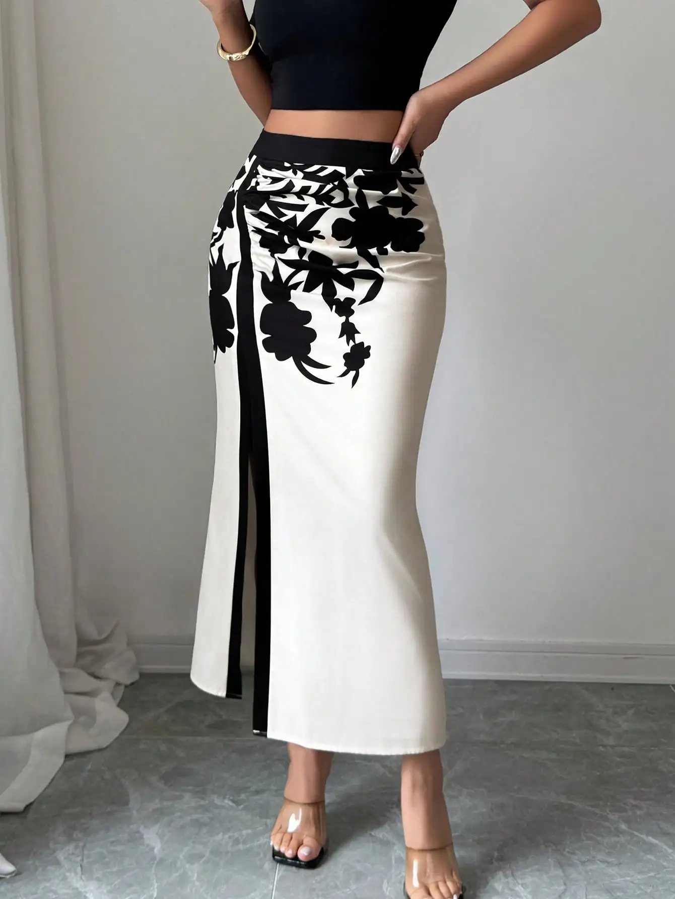 Women's Black Floral Print Midi Skirt 2026 Ruched High Slit Casual Summer Skirt