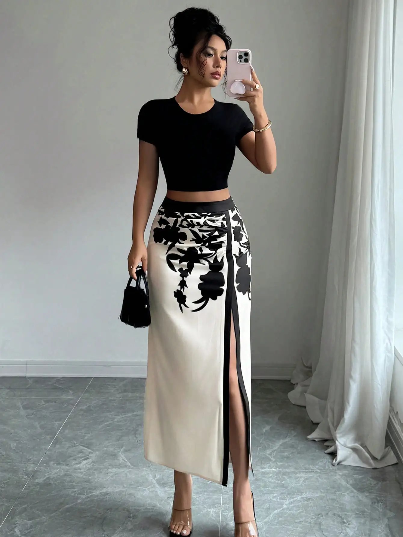 Women's Black Floral Print Midi Skirt 2026 Ruched High Slit Casual Summer Skirt