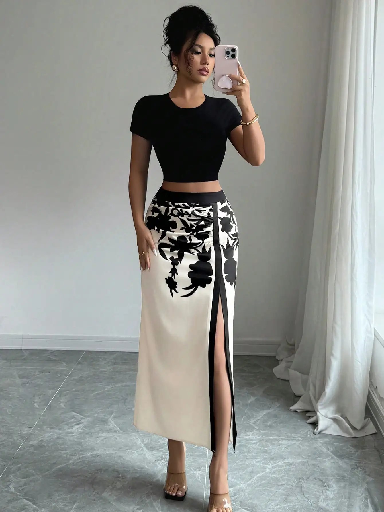 Women's Black Floral Print Midi Skirt 2026 Ruched High Slit Casual Summer Skirt