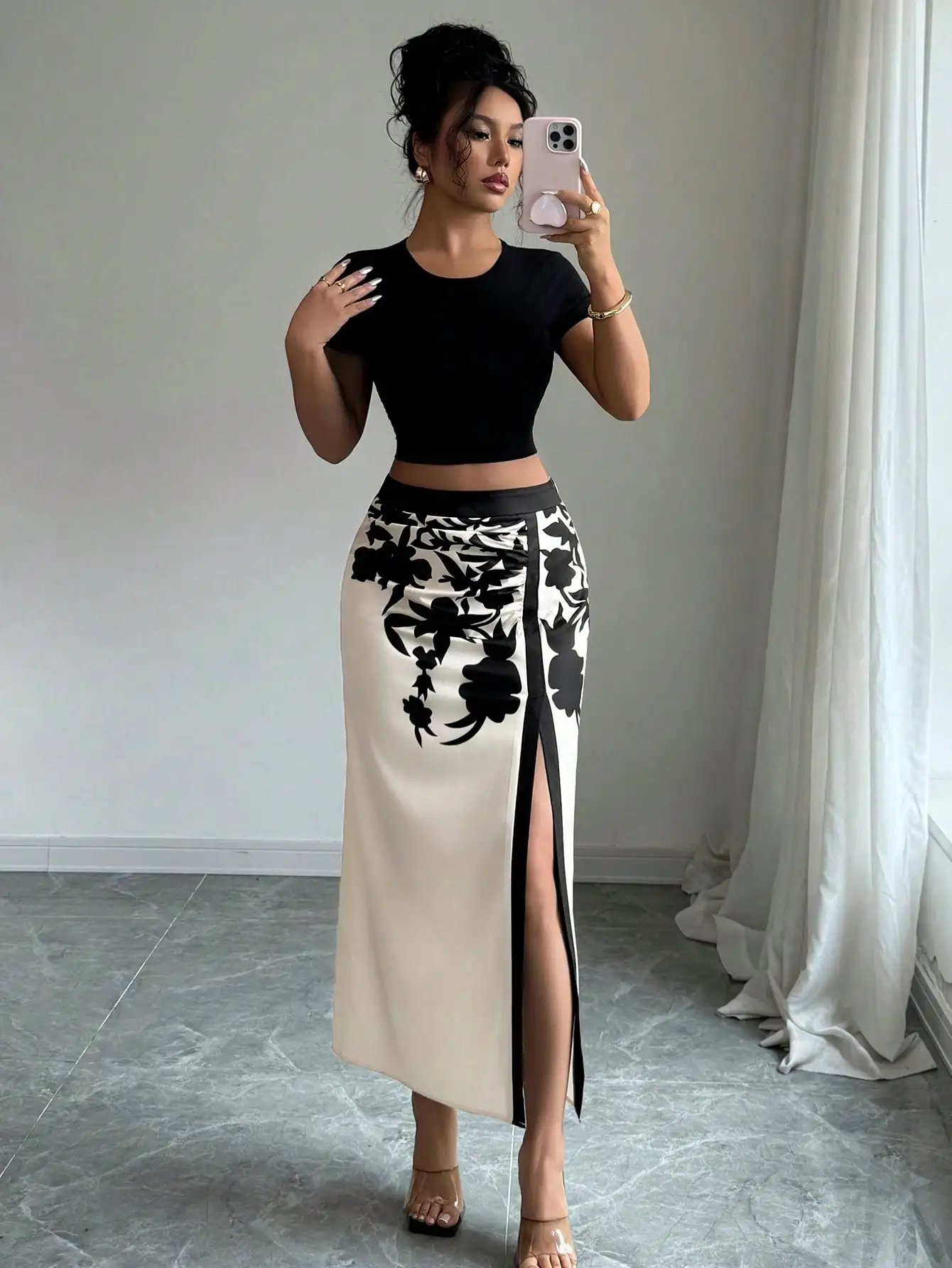 Women's Black Floral Print Midi Skirt 2026 Ruched High Slit Casual Summer Skirt