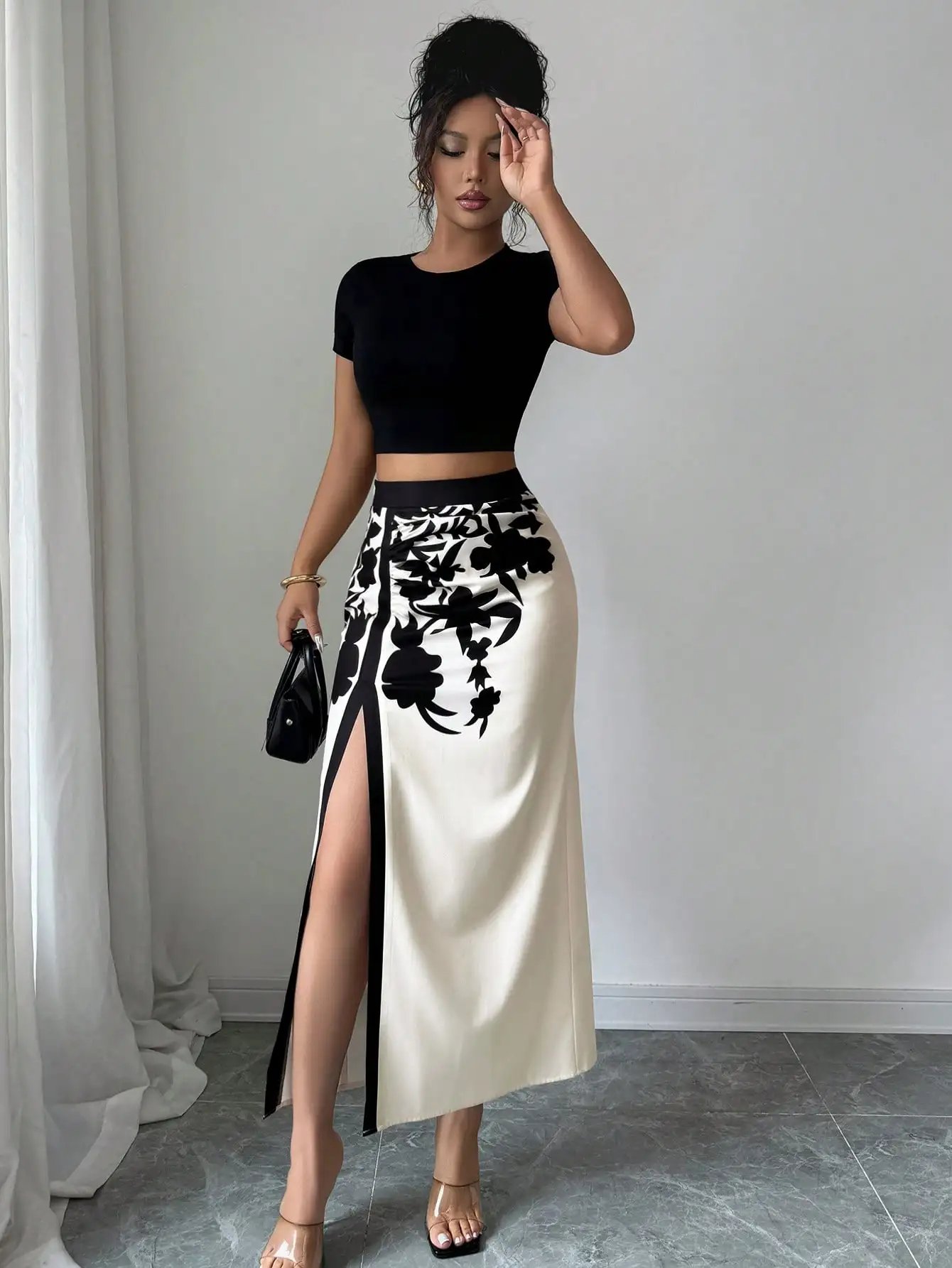 Women's Black Floral Print Midi Skirt 2026 Ruched High Slit Casual Summer Skirt