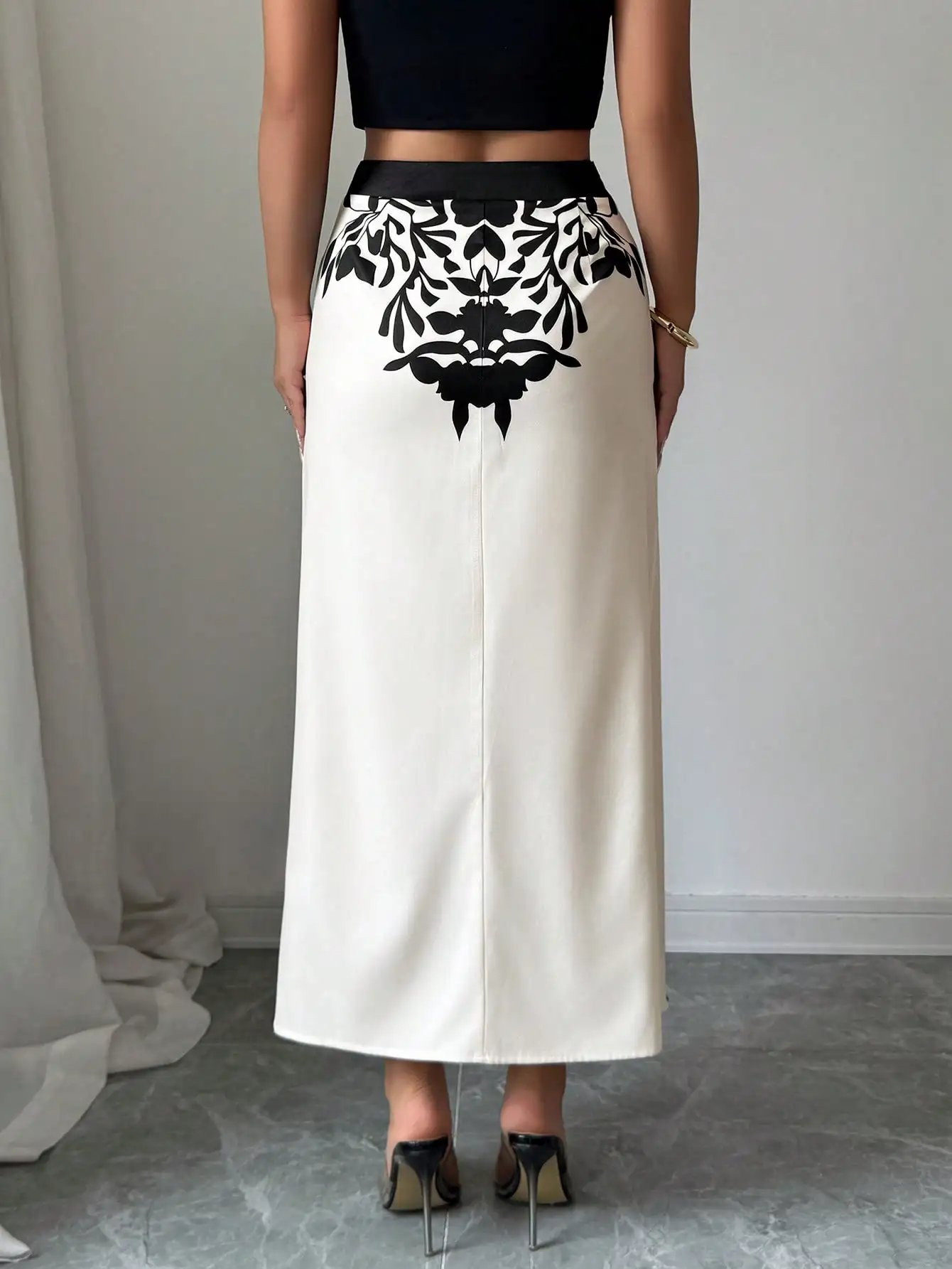 Women's Black Floral Print Midi Skirt 2026 Ruched High Slit Casual Summer Skirt