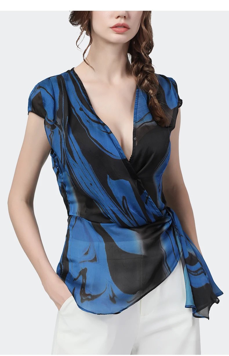 Sexy deep V-Neck thin chiffon shirt female waist bandage feminine blue printed blouses short-sleeved temperament summer new tops
