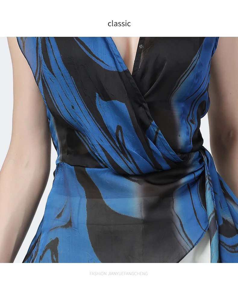 Sexy deep V-Neck thin chiffon shirt female waist bandage feminine blue printed blouses short-sleeved temperament summer new tops