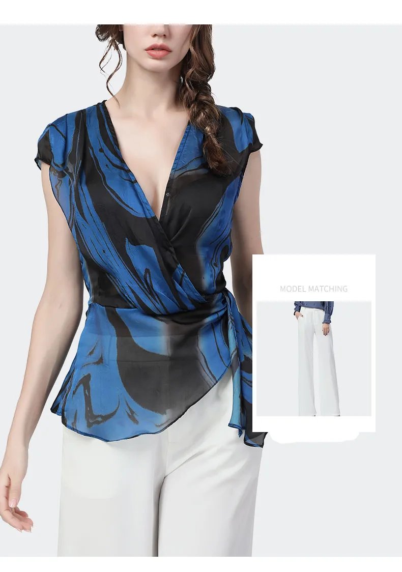 Sexy deep V-Neck thin chiffon shirt female waist bandage feminine blue printed blouses short-sleeved temperament summer new tops