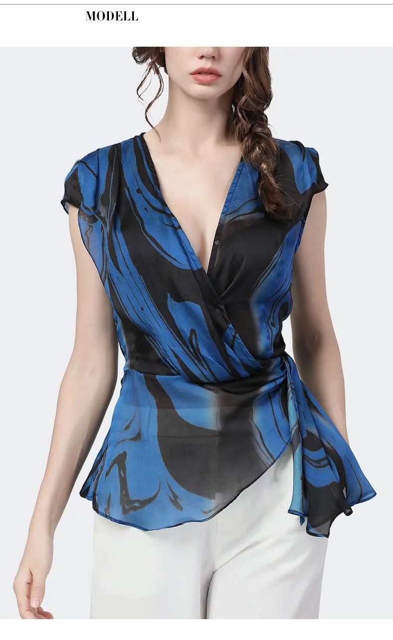 Sexy deep V-Neck thin chiffon shirt female waist bandage feminine blue printed blouses short-sleeved temperament summer new tops