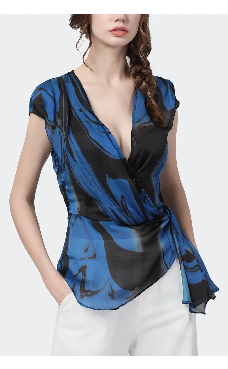 Sexy deep V-Neck thin chiffon shirt female waist bandage feminine blue printed blouses short-sleeved temperament summer new tops