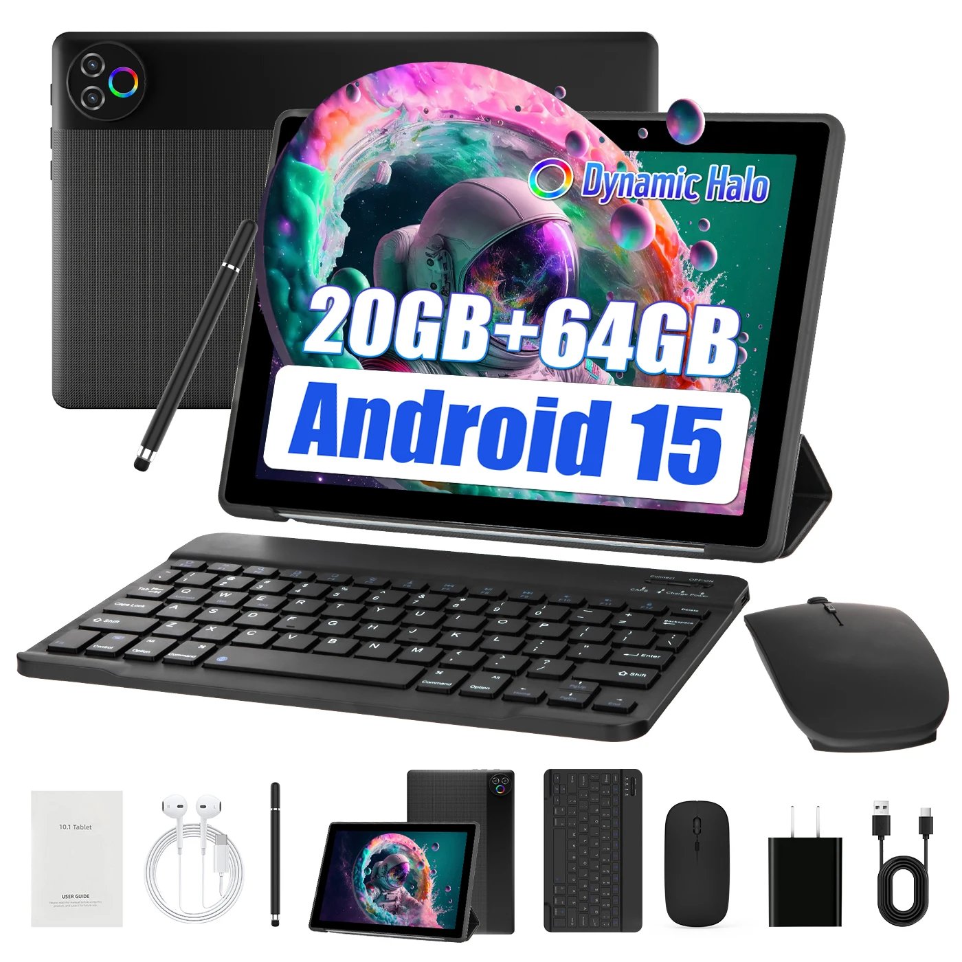 URAO Android 15 Tablet 10.1 Inch 20GB RAM 64GB ROM 5-core Dual Camera Tablets PC Set Keyboard/Case/Mouse/Stylus/Headphone