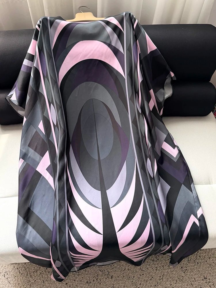 Spring Summer Fashion Vintage Geometric Print Loose Floor-Length Dress Women's O-Neck Batwing  Long Sleeve Casual Long Dress