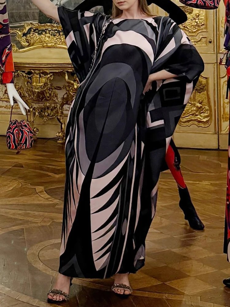 Spring Summer Fashion Vintage Geometric Print Loose Floor-Length Dress Women's O-Neck Batwing  Long Sleeve Casual Long Dress