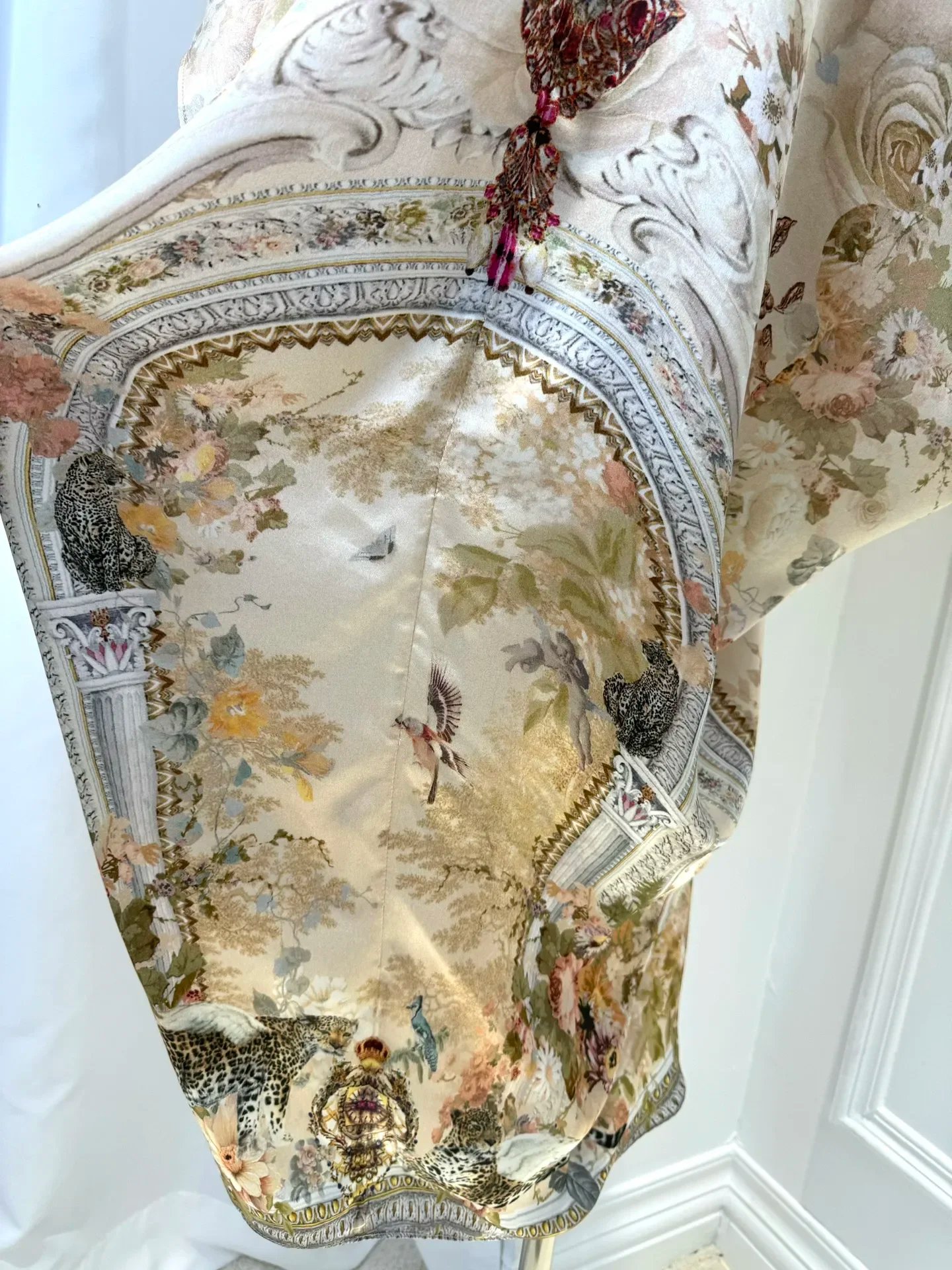 Flower Print Women 100% Silk Maxi Dress Crystal Beaded V-Neck Batwing Sleeve Irregular Hem Loose Female Yellow Robe