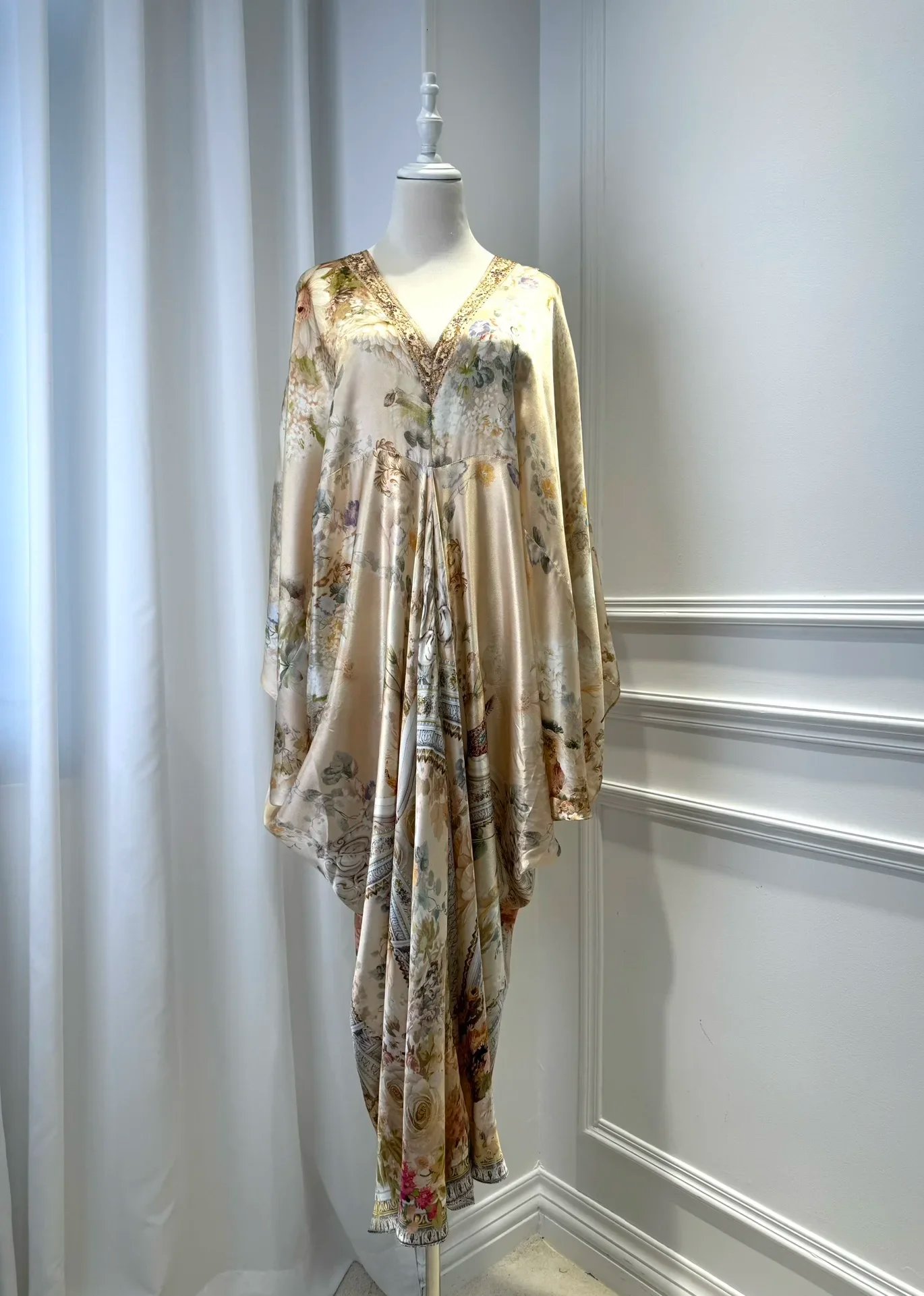 Flower Print Women 100% Silk Maxi Dress Crystal Beaded V-Neck Batwing Sleeve Irregular Hem Loose Female Yellow Robe