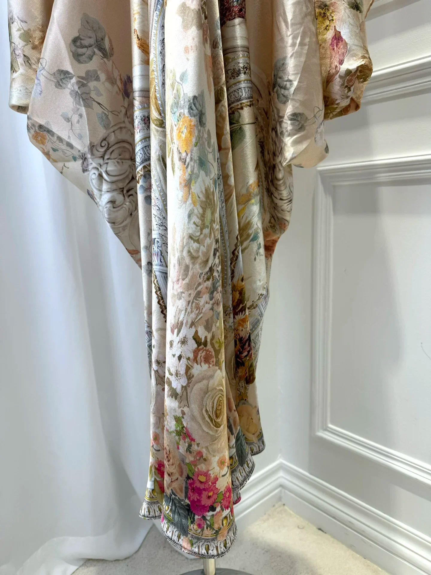 Flower Print Women 100% Silk Maxi Dress Crystal Beaded V-Neck Batwing Sleeve Irregular Hem Loose Female Yellow Robe