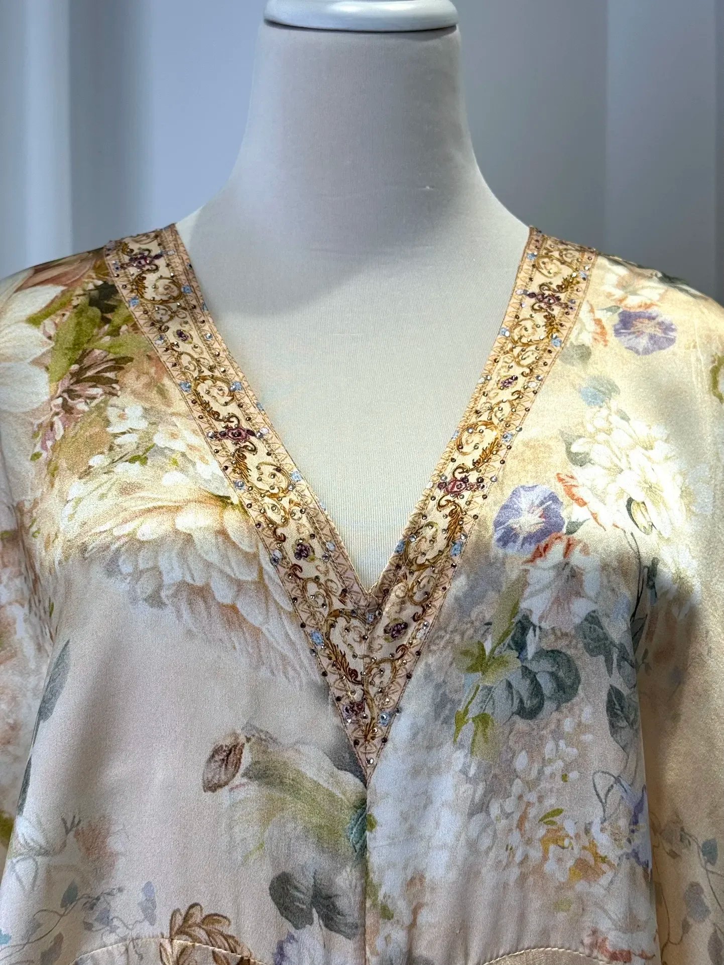 Flower Print Women 100% Silk Maxi Dress Crystal Beaded V-Neck Batwing Sleeve Irregular Hem Loose Female Yellow Robe