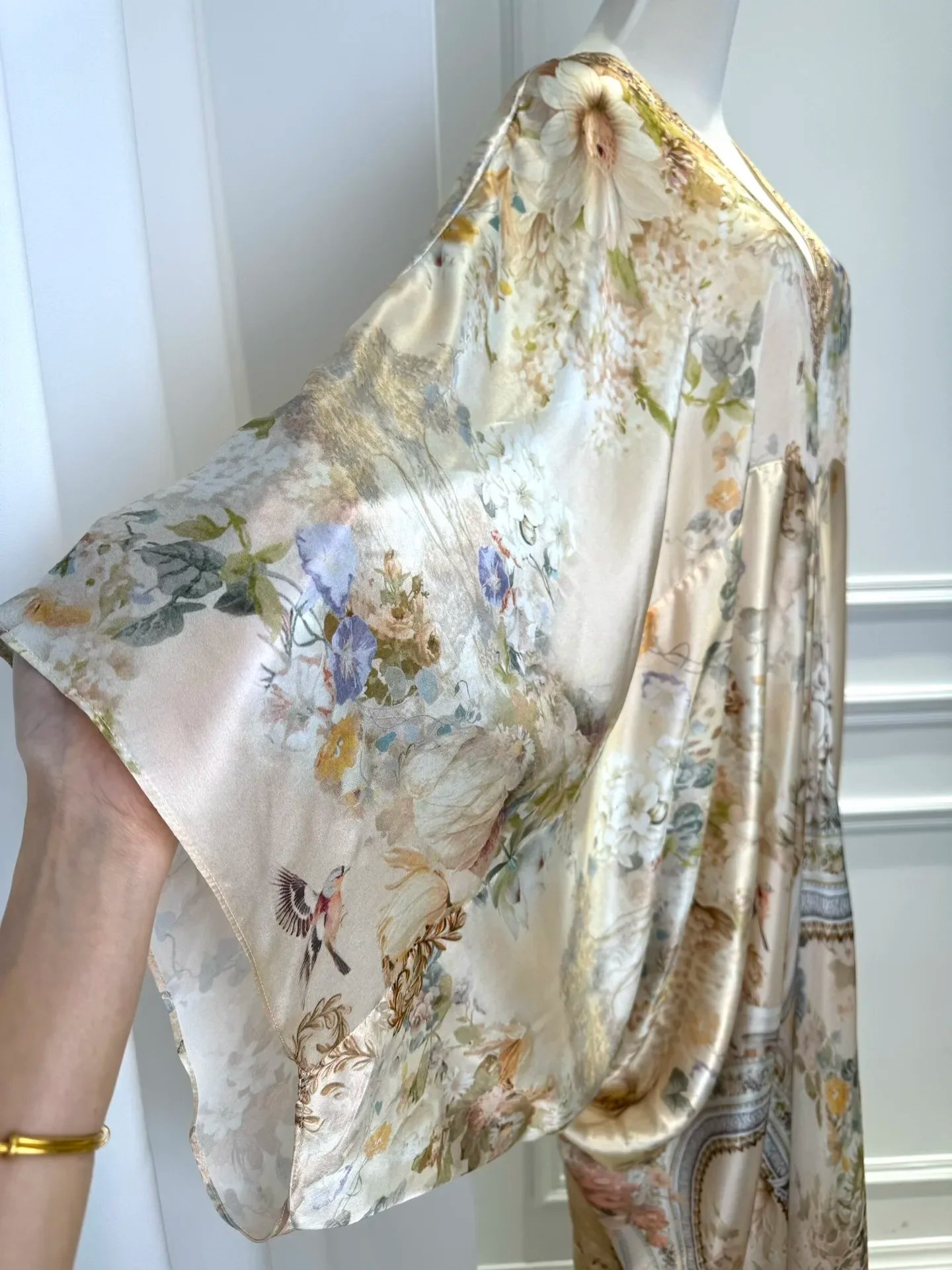 Flower Print Women 100% Silk Maxi Dress Crystal Beaded V-Neck Batwing Sleeve Irregular Hem Loose Female Yellow Robe