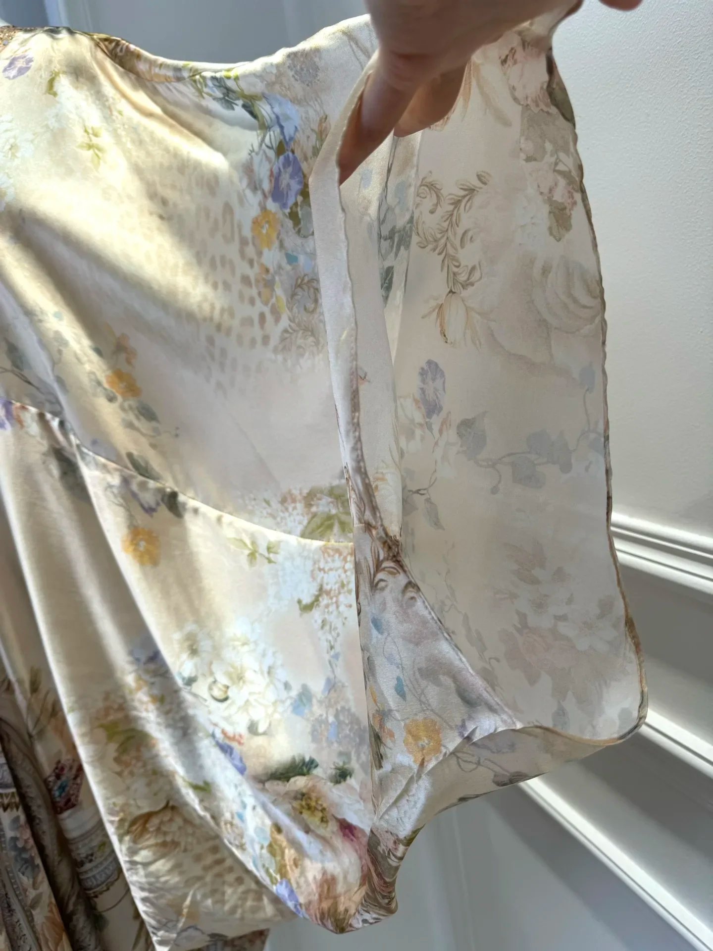 Flower Print Women 100% Silk Maxi Dress Crystal Beaded V-Neck Batwing Sleeve Irregular Hem Loose Female Yellow Robe