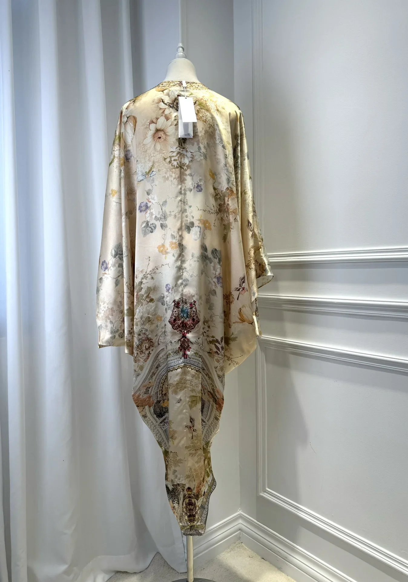 Flower Print Women 100% Silk Maxi Dress Crystal Beaded V-Neck Batwing Sleeve Irregular Hem Loose Female Yellow Robe