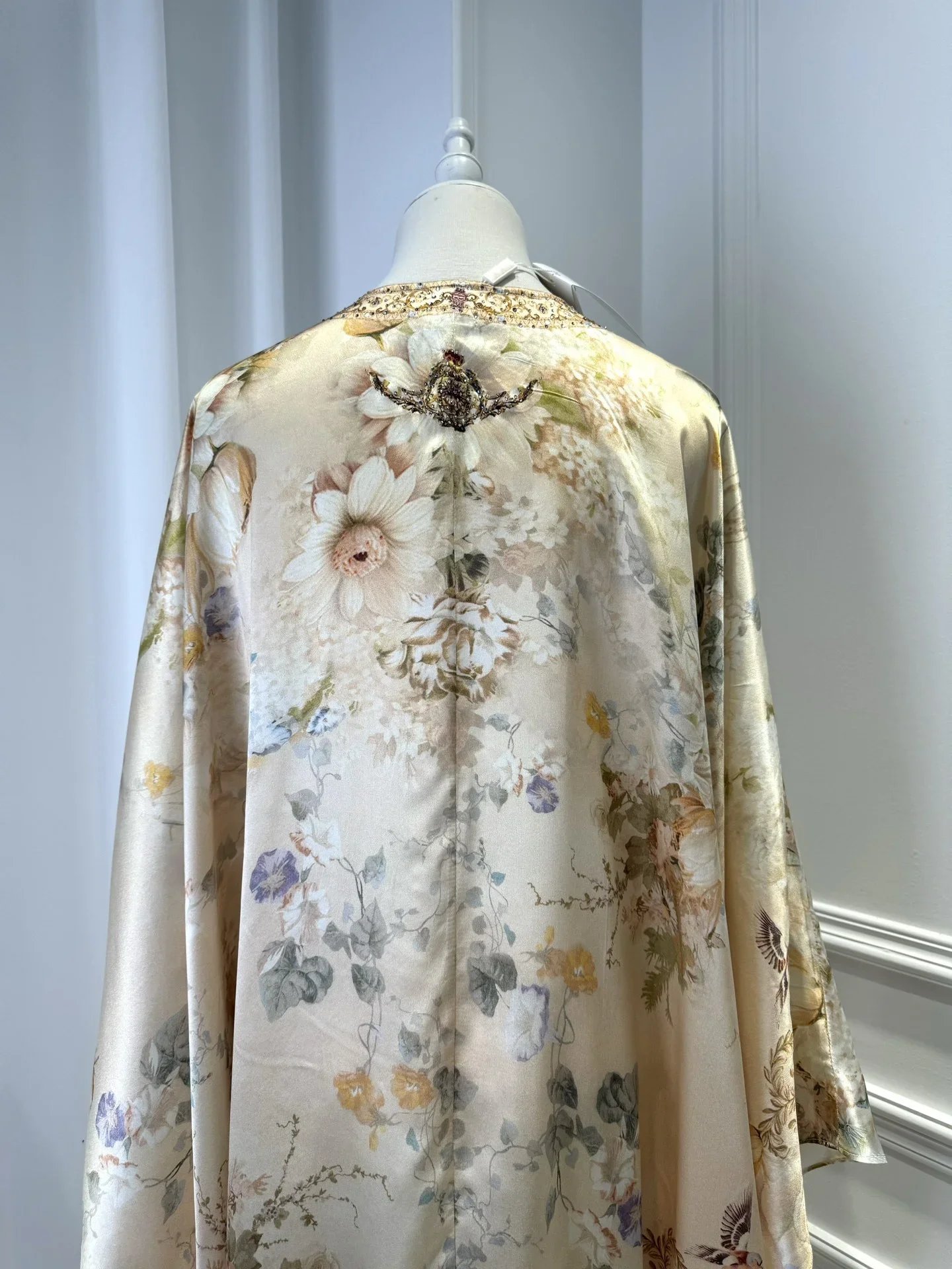 Flower Print Women 100% Silk Maxi Dress Crystal Beaded V-Neck Batwing Sleeve Irregular Hem Loose Female Yellow Robe