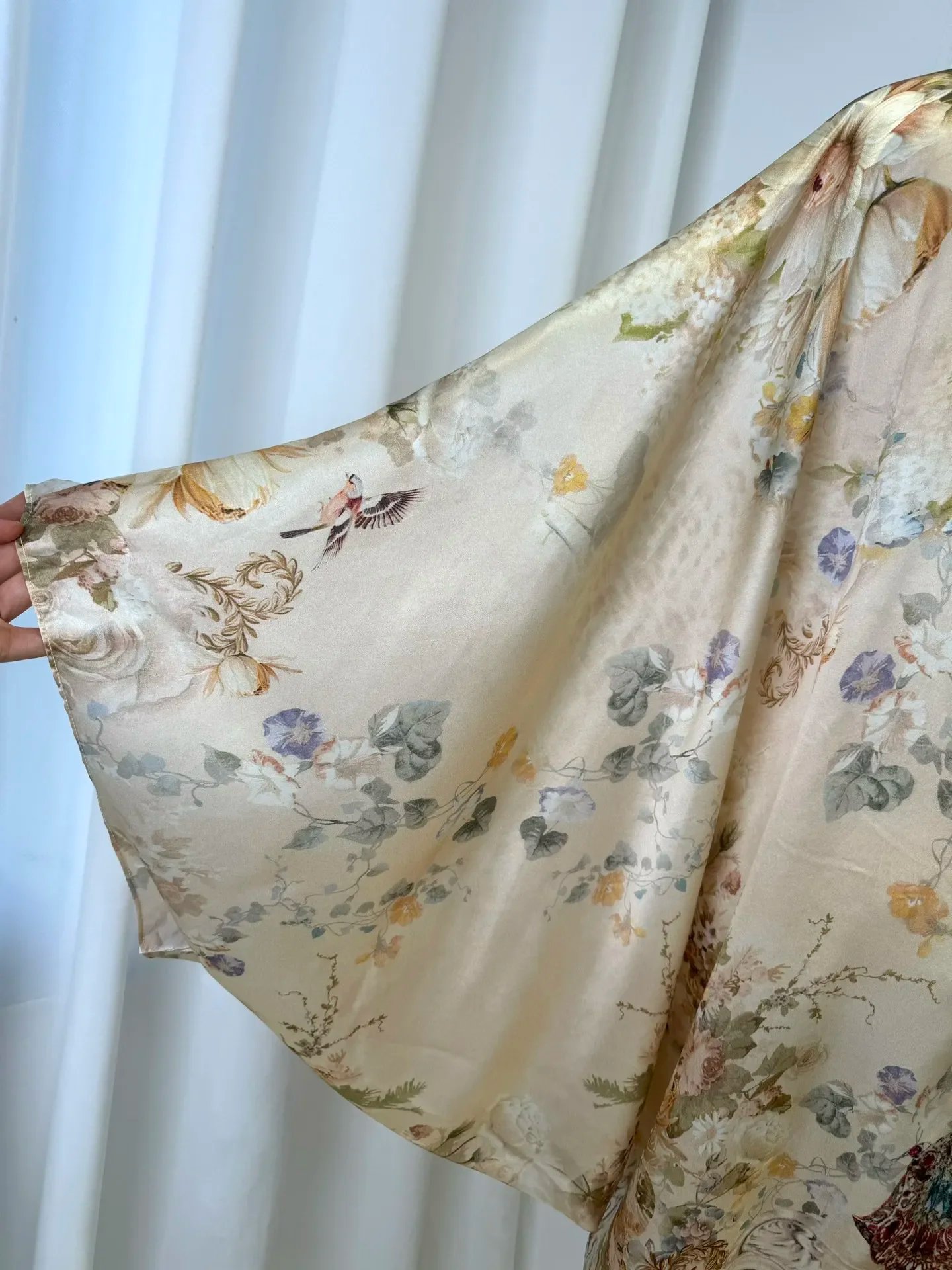 Flower Print Women 100% Silk Maxi Dress Crystal Beaded V-Neck Batwing Sleeve Irregular Hem Loose Female Yellow Robe