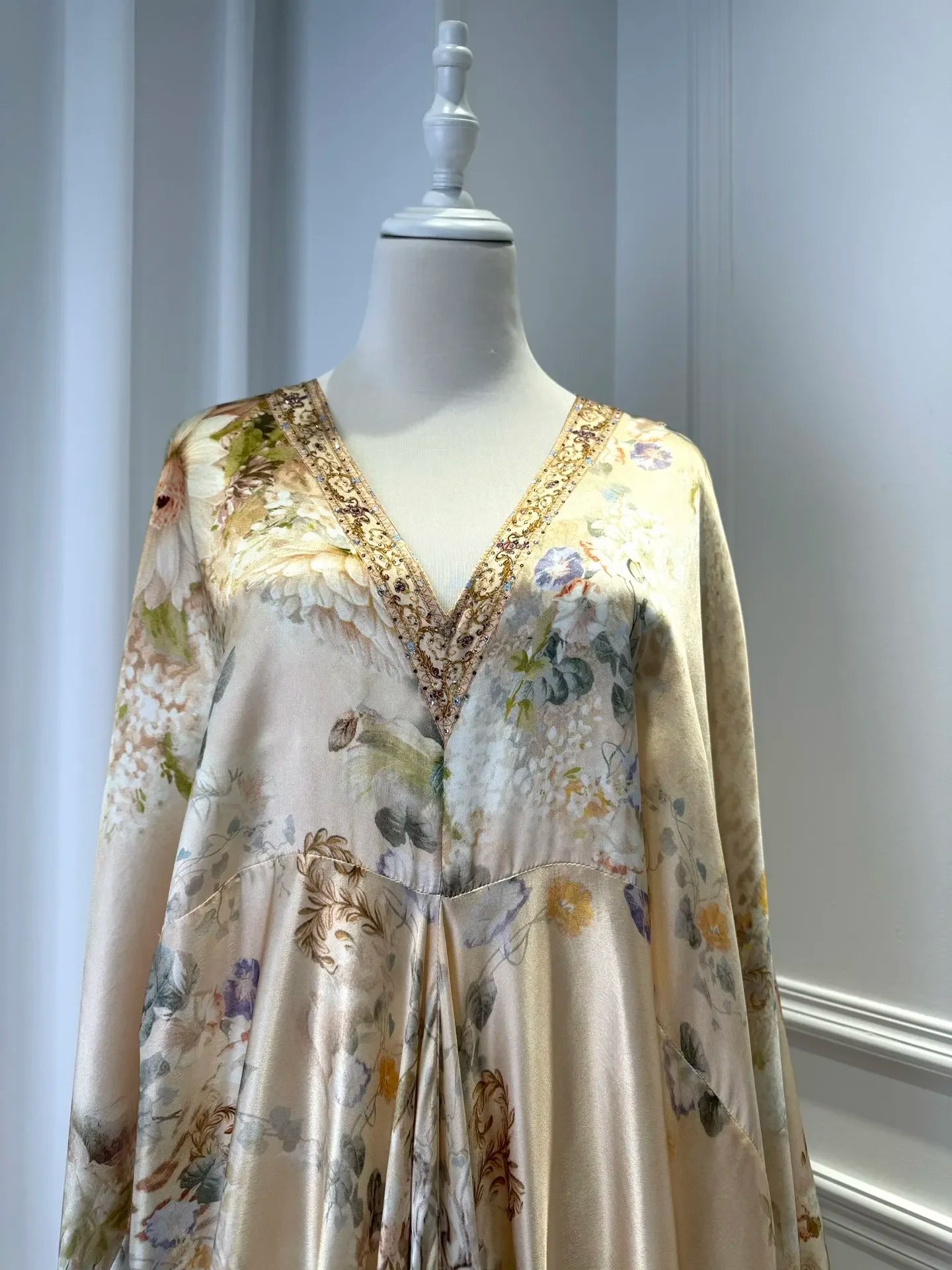 Flower Print Women 100% Silk Maxi Dress Crystal Beaded V-Neck Batwing Sleeve Irregular Hem Loose Female Yellow Robe