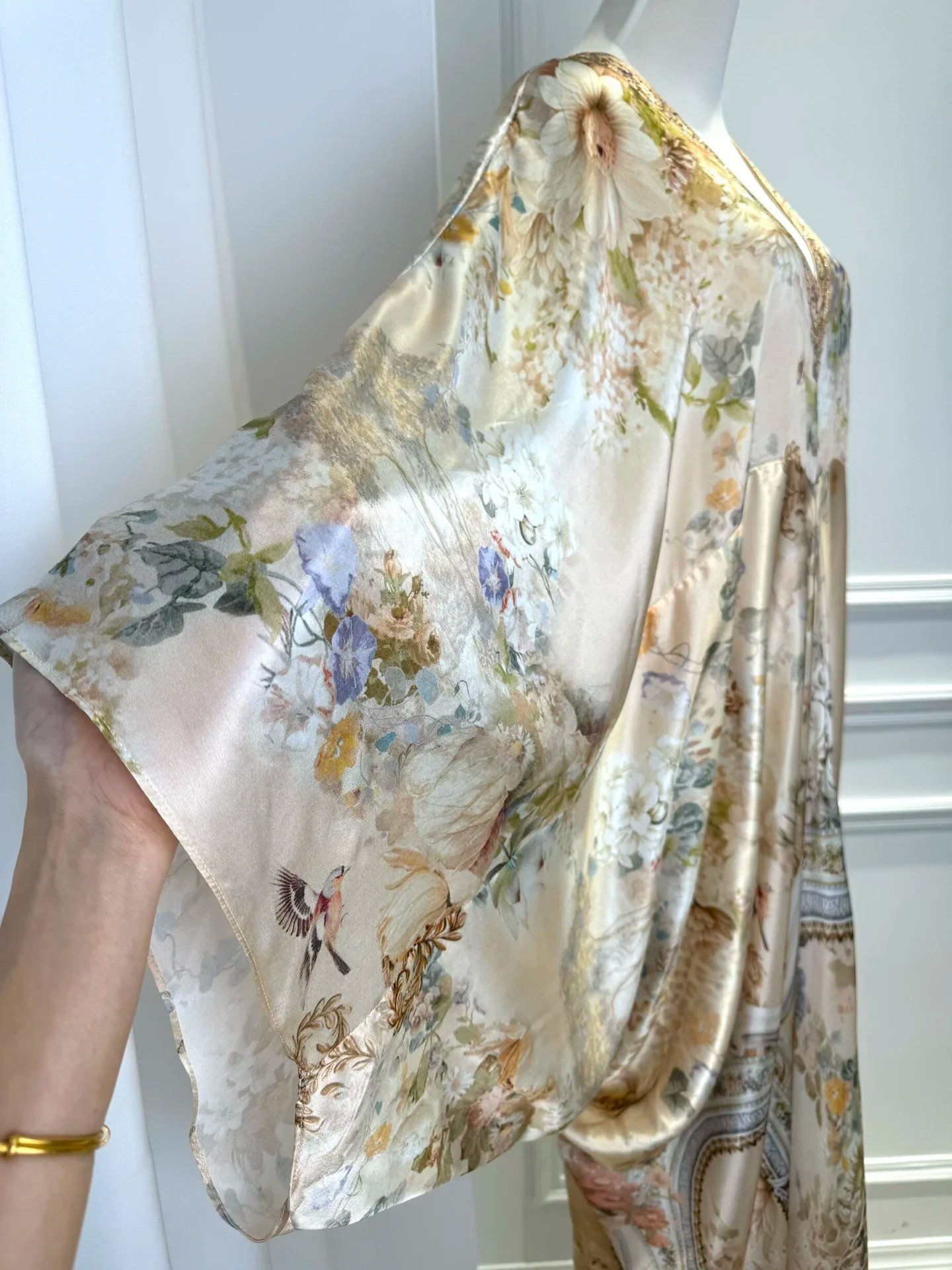 Flower Print Women 100% Silk Maxi Dress Crystal Beaded V-Neck Batwing Sleeve Irregular Hem Loose Female Yellow Robe