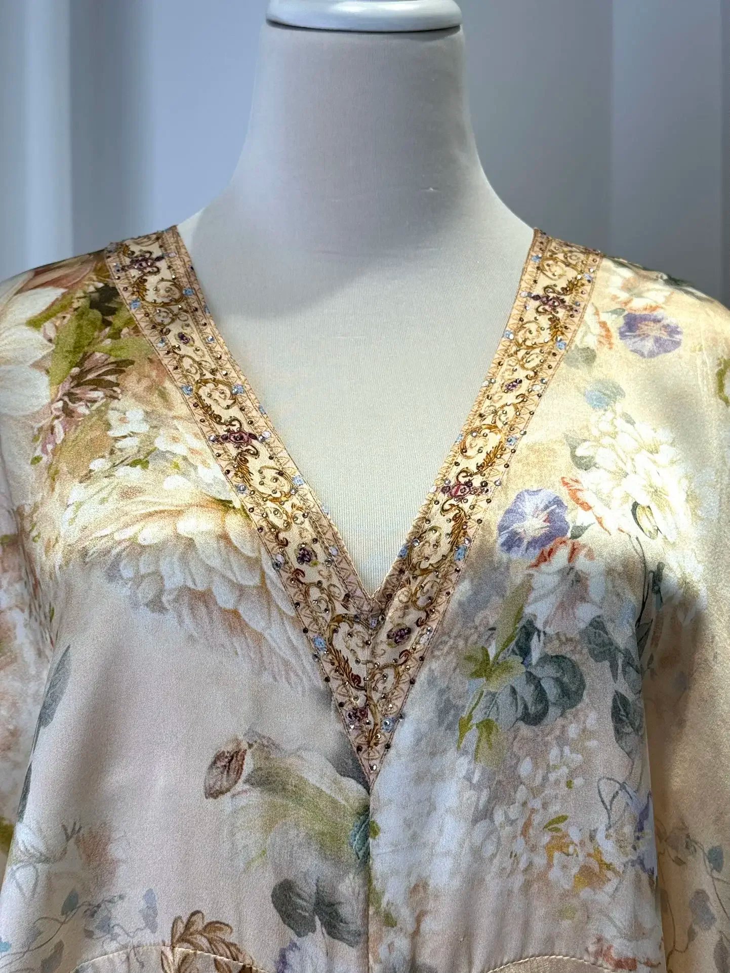 Flower Print Women 100% Silk Maxi Dress Crystal Beaded V-Neck Batwing Sleeve Irregular Hem Loose Female Yellow Robe