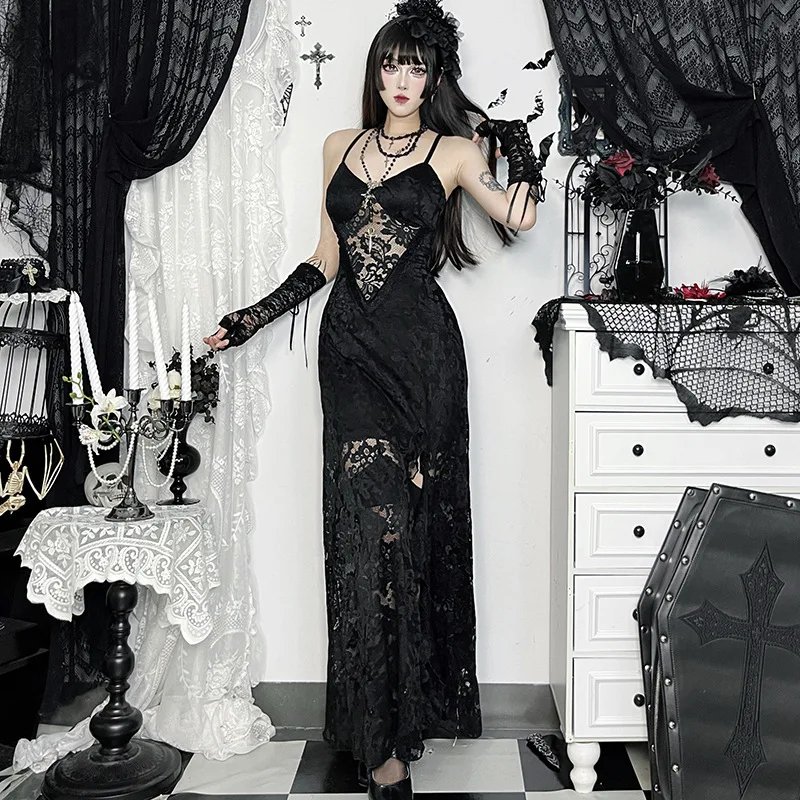See Through Lace Hollow Out Slip Dress for Women Gothic Outfits Mall Goth Vintage Sexy Split Long Dresses Halloween