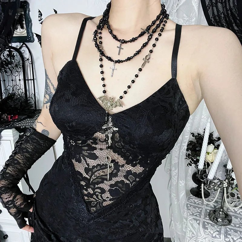 See Through Lace Hollow Out Slip Dress for Women Gothic Outfits Mall Goth Vintage Sexy Split Long Dresses Halloween