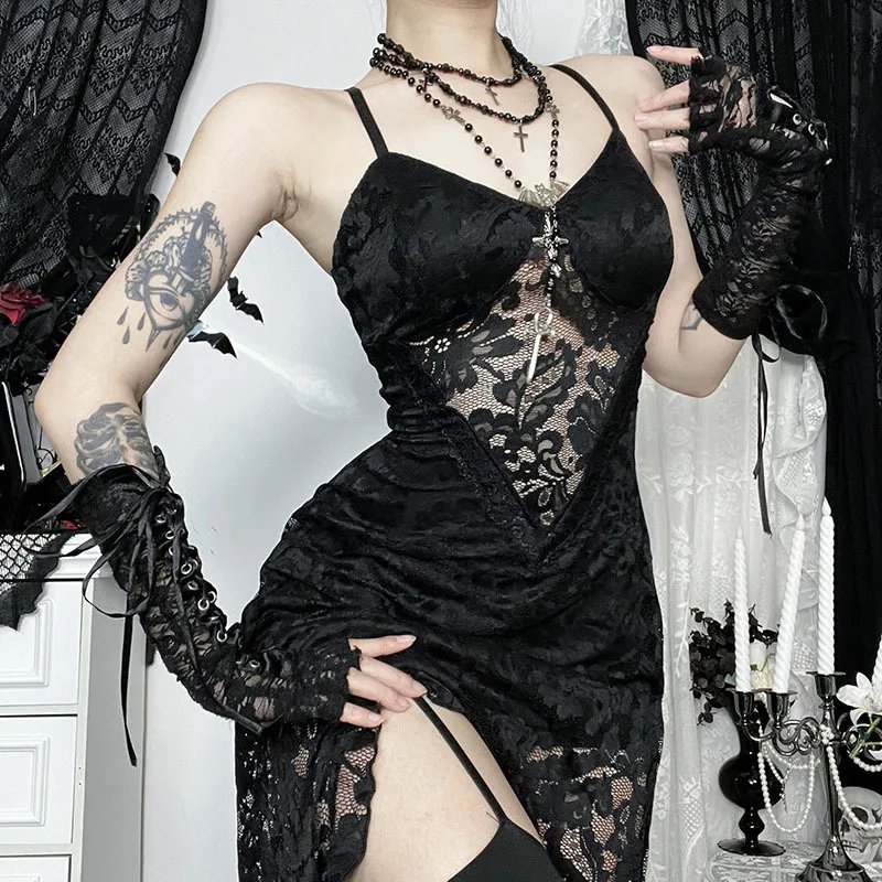 See Through Lace Hollow Out Slip Dress for Women Gothic Outfits Mall Goth Vintage Sexy Split Long Dresses Halloween