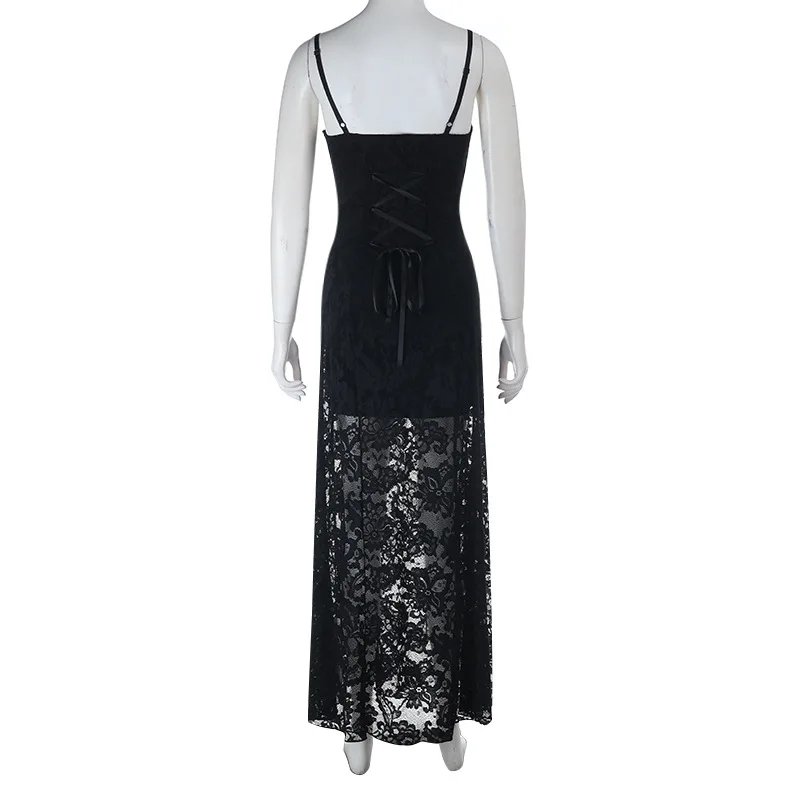 See Through Lace Hollow Out Slip Dress for Women Gothic Outfits Mall Goth Vintage Sexy Split Long Dresses Halloween