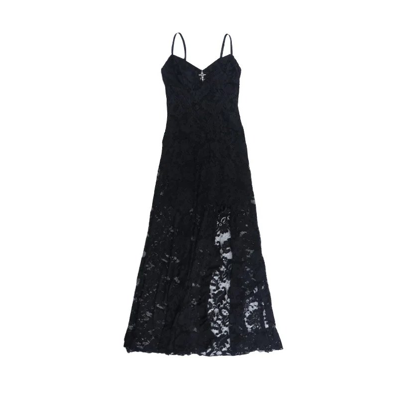 See Through Lace Hollow Out Slip Dress for Women Gothic Outfits Mall Goth Vintage Sexy Split Long Dresses Halloween