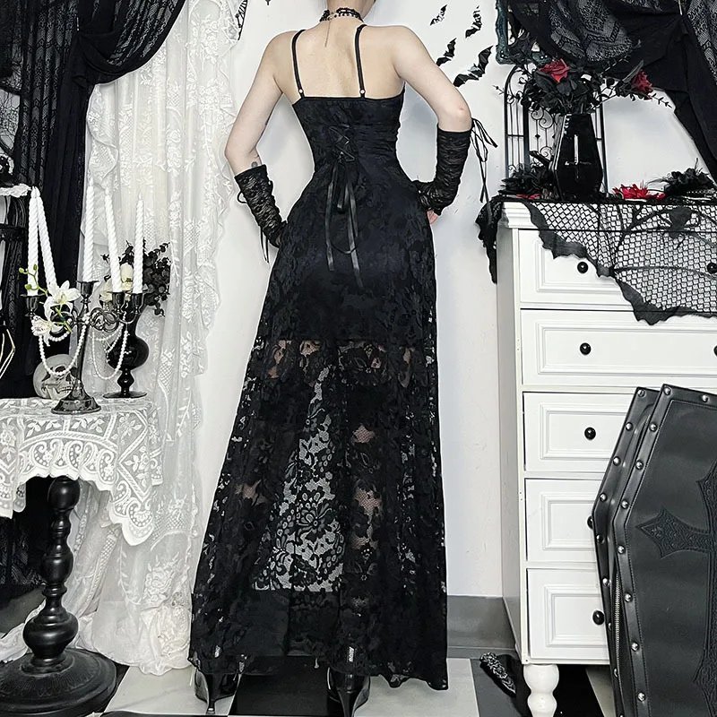 See Through Lace Hollow Out Slip Dress for Women Gothic Outfits Mall Goth Vintage Sexy Split Long Dresses Halloween
